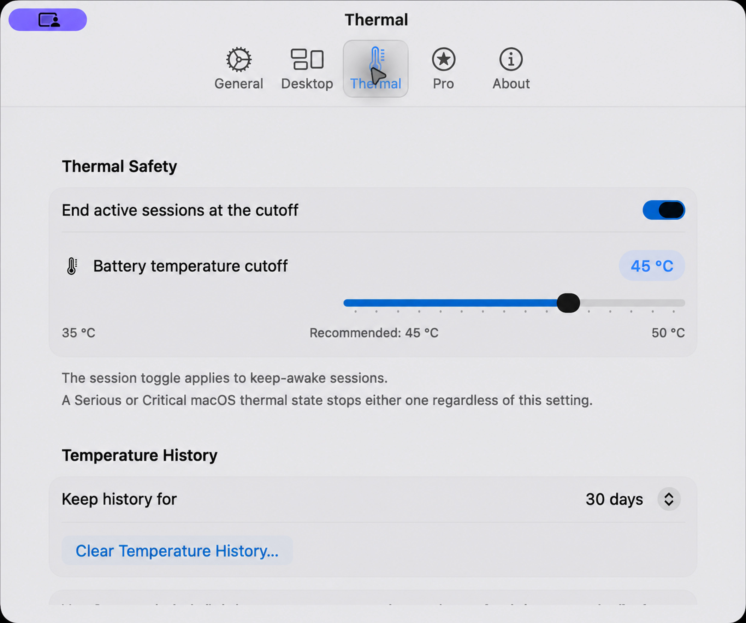 LunarShell thermal cutoff and local history settings
