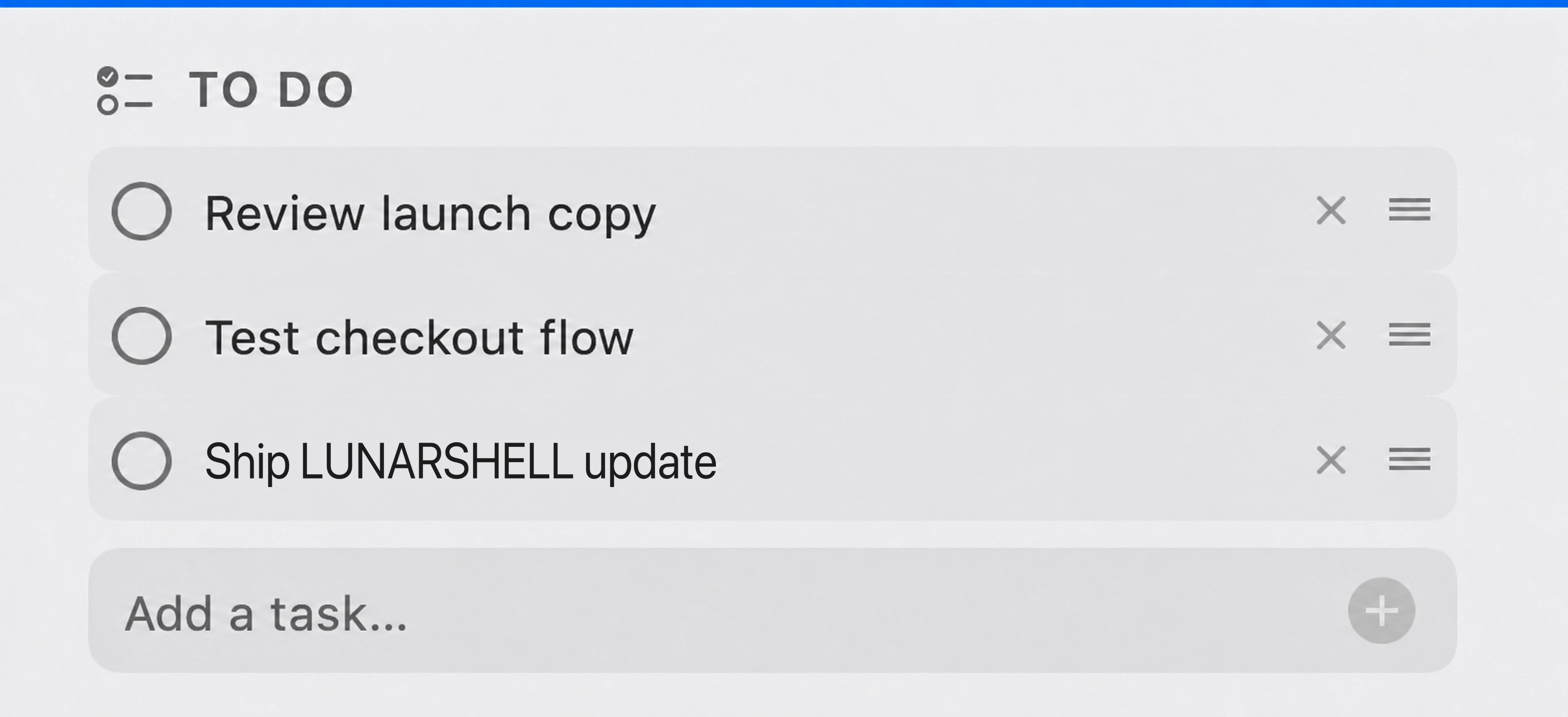 LunarShell editable and reorderable to-do list with neutral demo copy