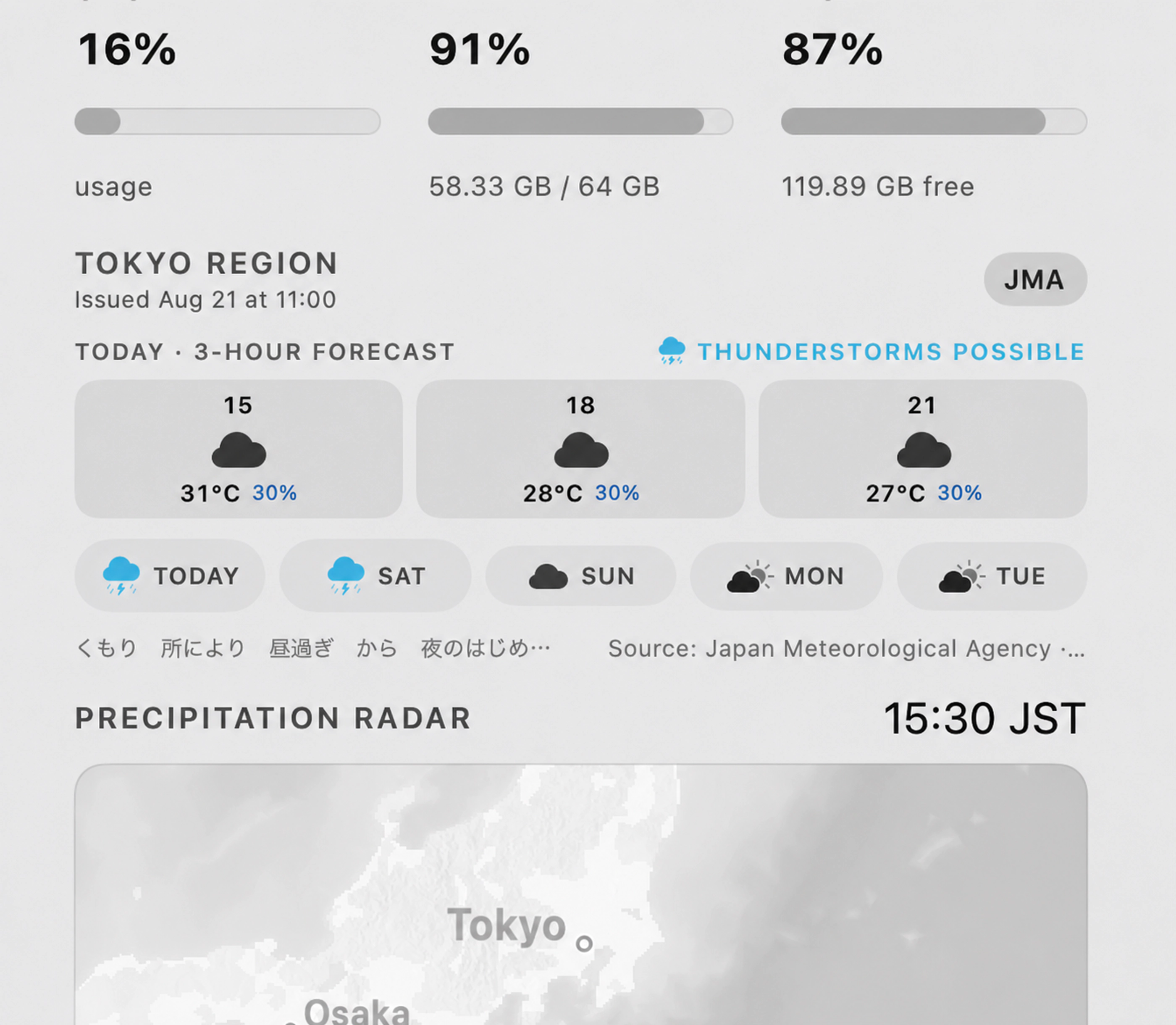 LunarShell JMA forecast and precipitation radar for Tokyo