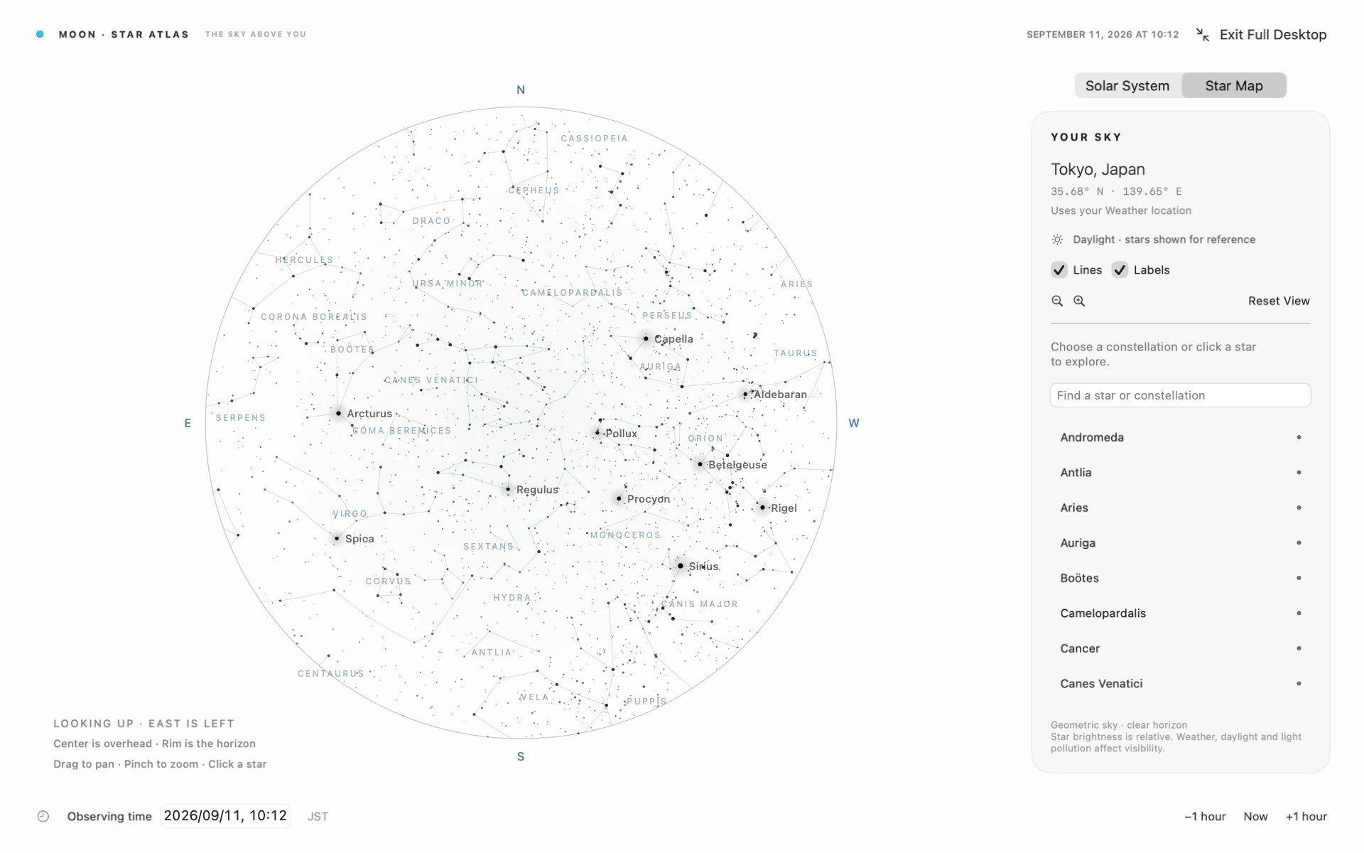 Star map in LunarShell’s full desktop view